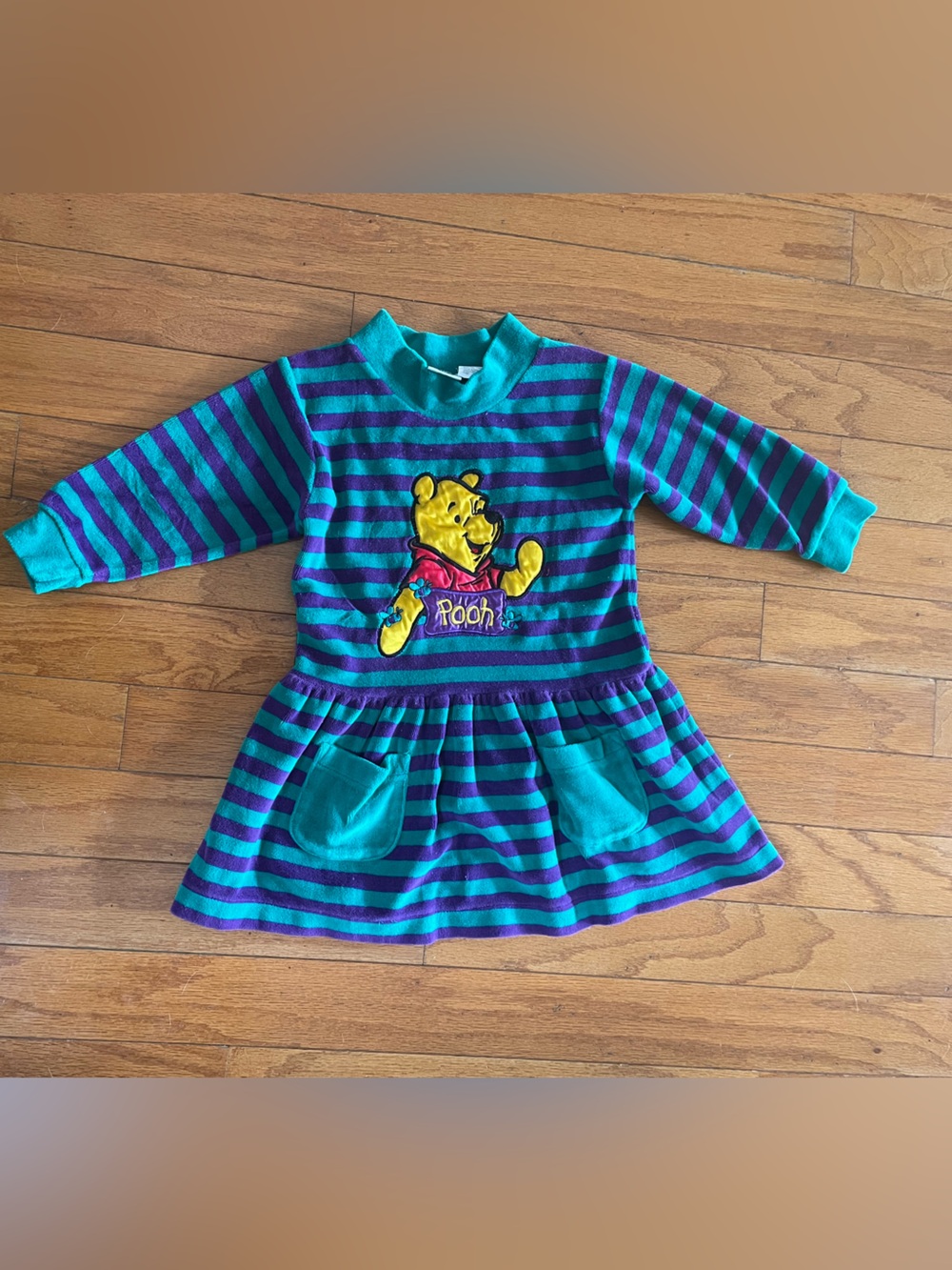 Vintage Disney Store Winnie the Pooh Striped Teal & Purple Dress Size 4